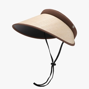 Straw open top sun hat with brown trim and adjustable chin strap for UV protection