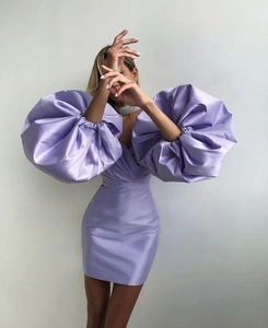 Lavender satin off-shoulder mini dress with dramatic puffy sleeves and slim fit design