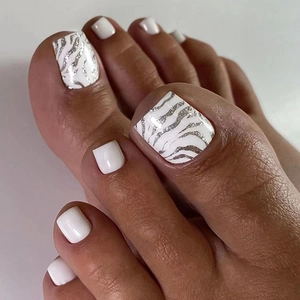 Silver Zebra Leopard Print Press On Toenails White Short Square Artificial Foot Nails For Women Removable