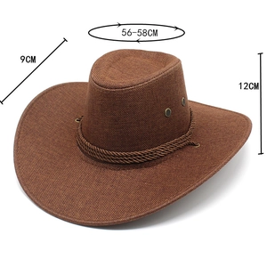 Dettaglio di cappello da cowboy marrone con tesa di 9cm e altezza totale di 12cm