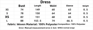 Tableau des tailles détaillé pour robe en satin avec mesures du buste, longueur et de la taille