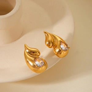 Polished double teardrop stainless steel stud earrings with crystal cubic zirconia