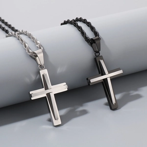 Sleek stainless steel double-layer cross pendant necklaces with twisted rope chain for men