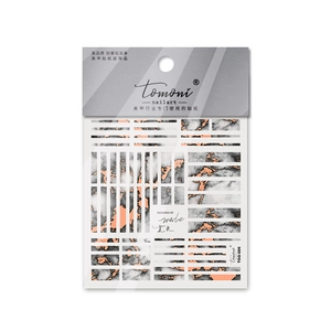 Detailed macro view of TOG-006 nail art sticker with copper marble texture and packaging