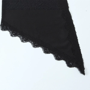 Women black polka dot lace top with asymmetrical straps and scallop edge detail