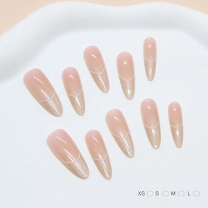 Handmade Press-On Nails Long Almond Cat Eye Gradient Nude Pink ABS French Style White Lines For Women