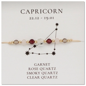 Detail van Steenbok armband met Granaat, Rozenkwarts en Rookkwarts natuurlijke kralen