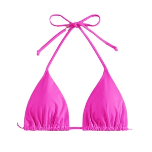 Hot pink triangle bikini top with halter neck ties and ruched detailing for beachwear