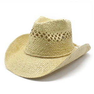 Western Cowboy Straw Hat Hollow Breathable Wide Brim Sun Protection Paper Straw Beach Travel Vintage Summer Fedora