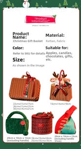 Detailed view of Christmas rattan gift boxes and fabric bags with size specifications