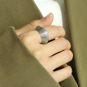 Fashion geometric 18K gold plated multi-layer striped ring with a silver wide band design