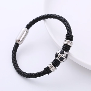 Men Braided Leather Bracelet With Stainless Steel Football Bead And Magnetic Clasp Sporty Casual Jewelry Accessory