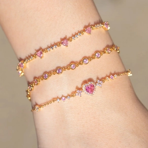 Three-piece gold plated bracelet set with pink heart and round zircon stones for women