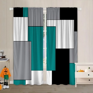 Detail of geometric polyester blackout curtains with modern block pattern and rod pocket