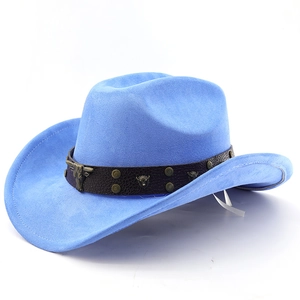 Close-up of blue faux suede cowboy hat with brown leather band and metal bull head