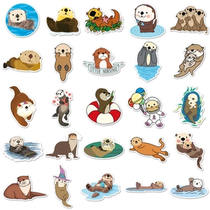 Detailed macro view of 25 cute cartoon otter stickers with waterproof vinyl material
