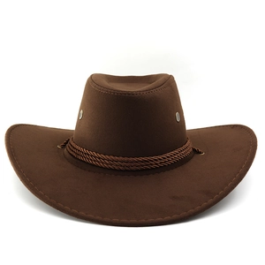 Close-up of dark brown fedora hat with woven belt trim and side metal eyelets