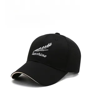 Detail of black baseball cap with Sunshine embroidery and breathable mesh back panel