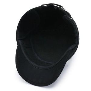 Men's winter flat top wool cap in black with warm ear flaps and adjustable metal buckle