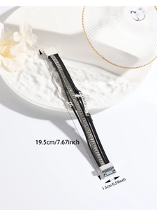 Detail view of multilayer leather bracelet with Blessed cross charm and size measurements