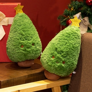 Christmas Tree Plush Toy Soft Long Plush Stuffed Pillow With Gold Star Cute Embroidered Face Holiday Home Decoration