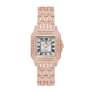 Elegant rose gold square women's quartz watch with crystal-encrusted band and Roman numerals