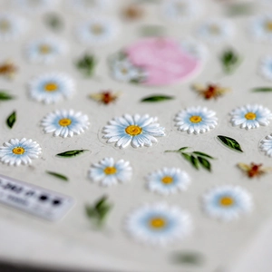 5D embossed daisy nail stickers with 3D texture including white flowers and bees