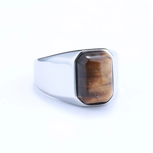 Men's vintage stainless steel square tiger eye stone ring with wide band design