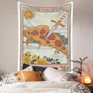 Detail of tarot-style wall tapestry featuring a skull hand and pizza in a bedroom setting