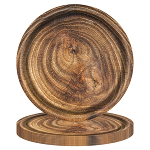 Macro detail of natural wood grain texture and knots on round rustic wooden plates