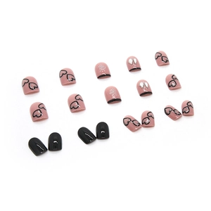 Short square press-on nails with black hearts and silver rhinestones in pink and black