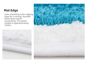 Close-up of 15mm pile height and durable edge binding on blue and white bath mat
