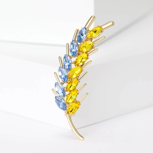 Elegant Wheat Ear Leaf Brooch For Women Luxury Alloy Blue And Yellow Crystal Rhinestone Pin For Dresses Fashion