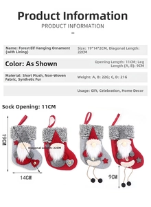 Detailed size specifications for red and grey plush forest gnome Christmas stockings