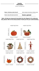 Size chart showing dimensions and weights for various Christmas alloy brooch styles