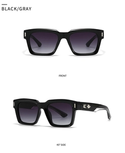 Front and side view of square black sunglasses with silver arrow metal hardware details