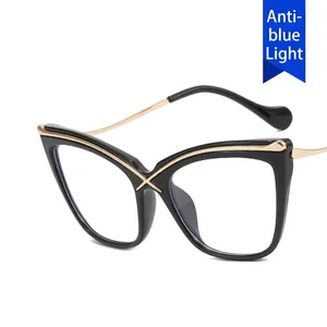 Cat eye glasses frames with black frames, gold temples and blue light blocking lenses