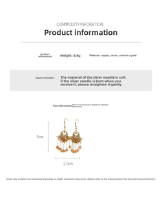 Detail view of bohemian copper tassel earrings with zircon and colored crystals, 7cm length