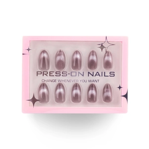 Metallic purple almond press-on nails in pink gift box with star pattern and window