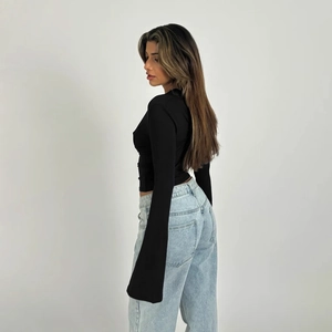 Chic black lace V-neck slim fit long sleeve top with stylish flared cuffs for women