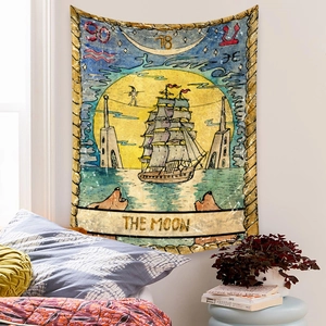 Bohemian The Moon tarot wall tapestry with vintage nautical and celestial patterns
