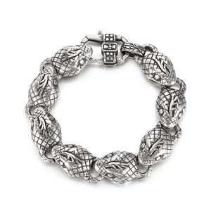 Vintage 18k vacuum plated stainless steel snake head bracelet with retro silver finish