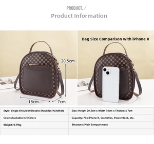 Brown monogram backpack measuring 18x20.5x7cm compared with mobile phone size