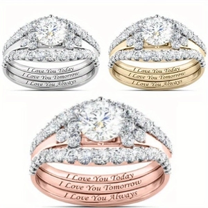 Conjunto de 3 anillos de lujo con circonita redonda en plata, oro y oro rosa fino