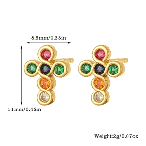 Close-up of rainbow zircon cross stud earrings with gold finish and size dimensions