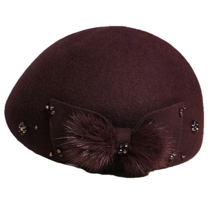 French vintage burgundy wool beret with large bow and fur bead embellishment