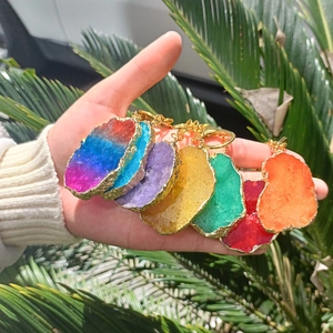 Natural crystal agate slice keychain with gold-plated edges and colorful stone charms