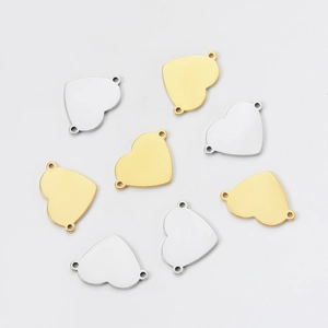 Polished stainless steel double-hole heart pendants for DIY jewelry in gold and silver