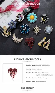 Detailed view of vintage crystal and pearl brooches with hearts and stars on black background