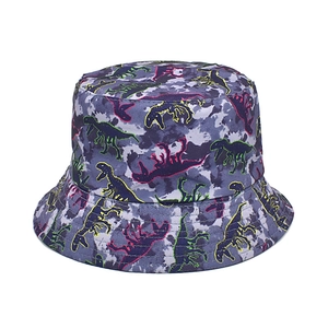 Detail of colorful dinosaur camouflage pattern on a gray canvas reversible bucket hat